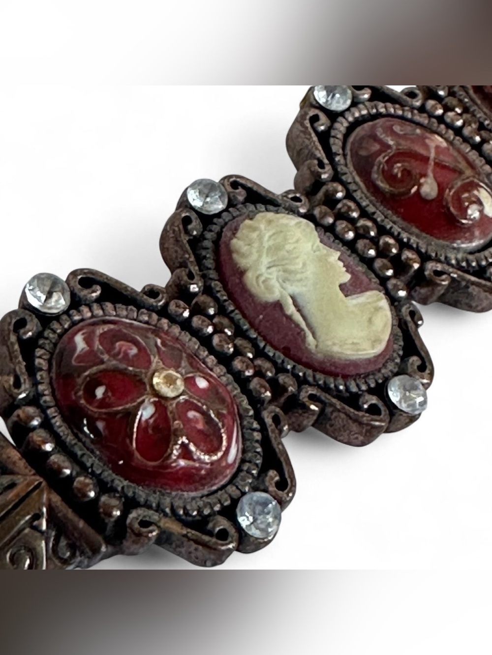 VTG Victorian Revival Cameo Stretch Bracelet Enamel Panel Ornate Edwardian Style